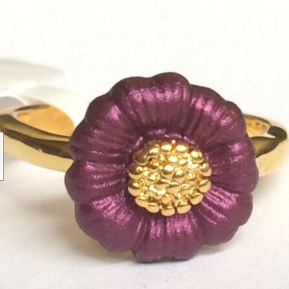 Gold Purple Island Flower Ring Size 6 Burgundy Plated Enamel Hawaiian Tropical